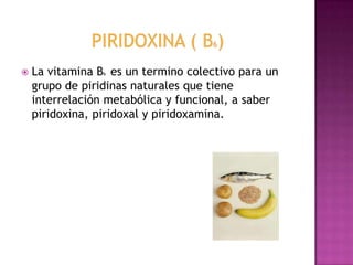 

La vitamina B es un termino colectivo para un
grupo de piridinas naturales que tiene
interrelación metabólica y funcional, a saber
piridoxina, piridoxal y piridoxamina.
6

 