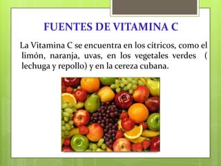 FUENTES DE VITAMINA C
La Vitamina C se encuentra en los cítricos, como el
limón, naranja, uvas, en los vegetales verdes (
lechuga y repollo) y en la cereza cubana.

 
