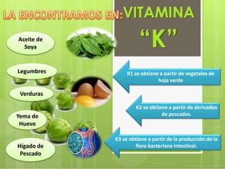 Legumbres
Hígado de
Pescado
Aceite de
Soya
Yema de
Huevo
Verduras
K2 se obtiene a partir de derivados
de pescados.
K3 se obtiene a partir de la producción de la
flora bacteriana intestinal.
K1 se obtiene a partir de vegetales de
hoja verde
 