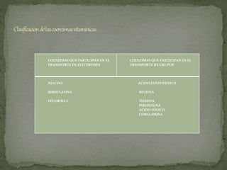 COENZIMAS QUE PARTICIPAN EN EL
TRANSPORTE DE ELECTRONES
COENZIMAS QUE PARTICIPAN EN EL
TRANSPORTE DE GRUPOS
NIACINA ACIDO PANTOTENICO
RIBOTLAVINA BIOTINA
VITAMINA C TIAMINA
PIRIDOXINA
ACIDO FOLICO
COBALAMINA
 