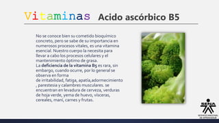 Vitaminas Acido ascórbico B5
No se conoce bien su cometido bioquímico
concreto, pero se sabe de su importancia en
numerosos procesos vitales, es una vitamina
esencial. Nuestro cuerpo la necesita para
llevar a cabo los procesos celulares y el
mantenimiento óptimo de grasa.
La deficiencia de la vitamina B5 es rara, sin
embargo, cuando ocurre, por lo general se
observa en forma
de irritabilidad, fatiga, apatía,adormecimiento
, parestesia y calambres musculares. se
encuentran en levadura de cerveza, verduras
de hoja verde, yema de huevo, vísceras,
cereales, maní, carnes y frutas.
 