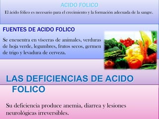 ACIDO FOLICO
El ácido fólico es necesario para el crecimiento y la formación adecuada de la sangre.
FUENTES DE ACIDO FOLICO
Se encuentra en vísceras de animales, verduras
de hoja verde, legumbres, frutos secos, germen
de trigo y levadura de cerveza.
LAS DEFICIENCIAS DE ACIDO
FOLICO
Su deficiencia produce anemia, diarrea y lesiones
neurológicas irreversibles.
 