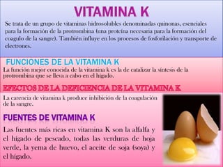 Se trata de un grupo de vitaminas hidrosolubles denominadas quinonas, esenciales
para la formación de la protrombina (una proteína necesaria para la formación del
coagulo de la sangre). También influye en los procesos de fosforilación y transporte de
electrones.
FUNCIONES DE LA VITAMINA K
La función mejor conocida de la vitamina k es la de catalizar la síntesis de la
protrombina que se lleva a cabo en el hígado.
La carencia de vitamina k produce inhibición de la coagulación
de la sangre.
Las fuentes más ricas en vitamina K son la alfalfa y
el hígado de pescado, todas las verduras de hoja
verde, la yema de huevo, el aceite de soja (soya) y
el hígado.
 