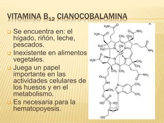 VITAMINA B12 CIANOCOBALAMINA
 Se encuentra en: el
hígado, riñón, leche,
pescados.
 Inexistente en alimentos
vegetales.
 Juega un papel
importante en las
actividades celulares de
los huesos y en el
metabolismo.
 Es necesaria para la
hematopoyesis.
 