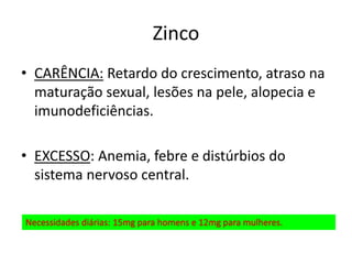• CARÊNCIA: Retardo do crescimento, atraso na
maturação sexual, lesões na pele, alopecia e
imunodeficiências.
• EXCESSO: Anemia, febre e distúrbios do
sistema nervoso central.
Zinco
Necessidades diárias: 15mg para homens e 12mg para mulheres.
 