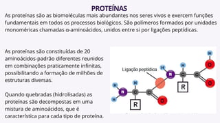 As proteínas são constituídas de 20
aminoácidos-padrão diferentes reunidos
em combinações praticamente infinitas,
possibilitando a formação de milhões de
estruturas diversas.
Quando quebradas (hidrolisadas) as
proteínas são decompostas em uma
mistura de aminoácidos, que é
característica para cada tipo de proteína.
PROTEÍNAS
As proteínas são as biomoléculas mais abundantes nos seres vivos e exercem funções
fundamentais em todos os processos biológicos. São polímeros formados por unidades
monoméricas chamadas α-aminoácidos, unidos entre si por ligações peptídicas.
 