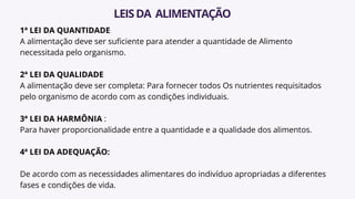 1ª LEI DA QUANTIDADE
A alimentação deve ser suficiente para atender a quantidade de Alimento
necessitada pelo organismo.
2ª LEI DA QUALIDADE
A alimentação deve ser completa: Para fornecer todos Os nutrientes requisitados
pelo organismo de acordo com as condições individuais.
3ª LEI DA HARMÔNIA :
Para haver proporcionalidade entre a quantidade e a qualidade dos alimentos.
4ª LEI DA ADEQUAÇÃO:
De acordo com as necessidades alimentares do indivíduo apropriadas a diferentes
fases e condições de vida.
LEISDA ALIMENTAÇÃO
 