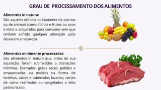 Alimentos in natura:
São aqueles obtidos diretamente de plantas
ou de animais (como folhas e frutos ou ovos
e leite) e adquiridos para consumo sem que
tenham sofrido qualquer alteração após
deixarem a natureza.
Alimentos minimente processados:
São alimentos in natura que, antes de sua
aquisição, foram submetidos a alterações
mínimas. Exemplos: grãos secos, polidos e
empacotados ou moídos na forma de
farinhas, raízes e tubérculos lavados, cortes
de carne resfriados ou congelados e leite
pasteurizado.
GRAUDE PROCESSAMENTODOSALIMENTOS
 
