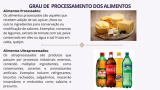 Alimentos Processados:
Os alimentos processados são aqueles que
recebem adição de sal, açúcar, óleos ou
outros ingredientes para conservação ou
modificação de sabores. Exemplos: conservas
de legumes, extrato de tomate com sal, peixe
conservado em óleo ou água e sal; frutas em
calda, queijos
Alimentos Ultraprocessados:
Os ultraprocessados são produtos que
passam por processos industriais extensos,
contendo múltiplos ingredientes, como
conservantes, corantes e aromatizantes
artificiais. Exemplos incluem refrigerantes,
biscoitos recheados, salgadinhos, macarrão
instantâneo e embutidos como salsicha e
presunto.
GRAUDE PROCESSAMENTODOSALIMENTOS
 