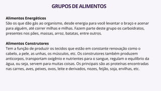 Alimentos Energéticos
São os que dão gás ao organismo, desde energia para você levantar o braço e acenar
para alguém, até correr milhas e milhas. Fazem parte deste grupo os carboidratos,
presentes nos pães, massas, arroz, batatas, entre outros.
Alimentos Construtores
Tem a função de produzir os tecidos que estão em constante renovação como o
cabelo, a pele, as unhas, os músculos, etc. Os construtores também produzem
anticorpos, transportam oxigênio e nutrientes para o sangue, regulam o equilíbrio da
água, ou seja, servem para muitas coisas. Os principais são as proteínas encontradas
nas carnes, aves, peixes, ovos, leite e derivados, nozes, feijão, soja, ervilhas, etc.
GRUPOSDEALIMENTOS
 