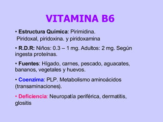 Estructura Química : Pirimidina. Piridoxal, piridoxina. y piridoxamina R.D.R:  Niños: 0.3 – 1 mg. Adultos: 2 mg. Según ingesta proteínas. Fuentes : Hígado, carnes, pescado, aguacates, bananos, vegetales y huevos.  Coenzima : PLP. Metabolismo aminoácidos (transaminaciones).  Deficiencia :  Neuropatía periférica, dermatitis, glositis  VITAMINA B6 