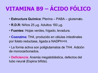 Estructura Química : Pterina – PABA – glutamato. R.D.R:  Niños 25   g. Adultos 150   g. Fuentes : Hojas verdes, hígado, levadura. Coenzima : TH4, producido en células intestinales por folato reductasa, ligada a NADPH+H.  La forma activa son poliglutamatos de TH4. Adición de monocarbonados. Deficiencia :  Anemia megaloblástica, defectos del tubo neural (Espina bífida). VITAMINA B9 – ÁCIDO FÓLICO 