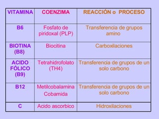 VITAMINA COENZIMA REACCIÓN o  PROCESO B6 Fosfato de piridoxal (PLP) Transferencia de grupos amino  BIOTINA (B8)  Biocitina Carboxilaciones ACIDO FÓLICO (B9) Tetrahidrofolato (TH4) Transferencia de grupos de un solo carbono B12 Metilcobalamina Cobamida Transferencia de grupos de un solo carbono C Acido ascorbico Hidroxilaciones 