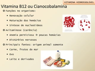 Vitamina B12 ou Cianocobalamina
 Funções no organismo:
 Renovação celular
 Maturação das hemácias
 Síntese de nucleotídeos
 Avitaminose (carência)
 Anemia perniciosa  poucas hemácias
 Distúrbios nervosos
 Principais fontes: origem animal somente
 Carne, frutos do mar
 Ovo
 Leite e derivados
VITAMINA HIDROSSOLÚVEL
 