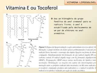 Vitamina E ou Tocoferol
 Doa um hidrogênio do grupo
fenólico do anel cromanol para os
radicais livres. O anel é
estabilizado pelo deslocamento de
um par de elétrons no anel
aromático.
VITAMINA LIPOSSOLÚVEL
 