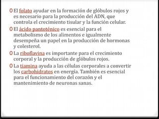 0 El folato ayudar en la formación de glóbulos rojos y
  es necesario para la producción del ADN, que
  controla el crecimiento tisular y la función celular.
0 El ácido pantoténico es esencial para el
  metabolismo de los alimentos e igualmente
  desempeña un papel en la producción de hormonas
  y colesterol.
0 La riboflavina es importante para el crecimiento
  corporal y la producción de glóbulos rojos.
0 La tiamina ayuda a las células corporales a convertir
  los carbohidratos en energía. También es esencial
  para el funcionamiento del corazón y el
  mantenimiento de neuronas sanas.
 