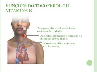 FUNÇÕES DO TOCOFEROL OU
VITAMINA E
Protege células e tecidos de danos
derivados da oxidação
Aumenta a formação de hemácias e a
utilização da vitamina k
Mantém saudável o sistema
cardiovascular
 