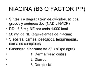 NIACINA (B3 O FACTOR PP) Síntesis y degradación de glúcidos, ácidos grasos y aminoácidos (NAD y NADP) RD:  6,6 mg NE por cada 1.000 kcal 20 mg de NE (equivalentes de niacina) Vísceras, carnes, pescados, leguminosas, cereales completos Carencia:  síndrome de 3 “D’s” (pelagra) 1. Dermatitis (glositis) 2. Diarrea 3. Demencia 