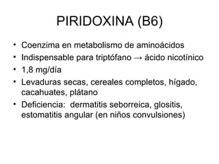 PIRIDOXINA (B6) Coenzima en metabolismo de aminoácidos Indispensable para triptófano -> ácido nicotínico 1,8 mg/día Levaduras secas, cereales completos, hígado, cacahuates, plátano Deficiencia:  dermatitis seborreica, glositis,  estomatitis angular (en niños convulsiones) 