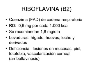 RIBOFLAVINA (B2) Coenzima (FAD) de cadena respiratoria RD:  0,6 mg por cada 1.000 kcal Se recomiendan 1,8 mg/día Levaduras, hígado, huevos, leche y derivados Deficiencia:  lesiones en mucosas, piel, fotofobia, vascularización corneal (arriboflavinosis) 