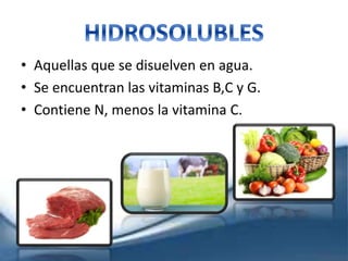• Aquellas que se disuelven en agua.
• Se encuentran las vitaminas B,C y G.
• Contiene N, menos la vitamina C.
 