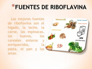 *FUENTES DE RIBOFLAVINA
Las mejores fuentes
de riboflavina son el
hígado, la leche, la
carne, las espinacas,
los
huevos,
los
cereales enteros y
enriquecidos,
la
pasta, el pan y las
setas.

 