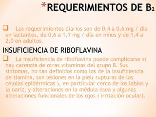 *REQUERIMIENTOS DE B

2



Los requerimientos diarios son de 0,4 a 0,6 mg / día
en lactantes, de 0,6 a 1,1 mg / día en niños y de 1,4 a
2,0 en adultos.

INSUFICIENCIA DE RIBOFLAVINA
 La insuficiencia de riboflavina puede complicarse si

hay carencia de otras vitaminas del grupo B. Sus
síntomas, no tan definidos como los de la insuficiencia
de tiamina, son lesiones en la piel( rupturas de las
células epidérmicas ), en particular cerca de los labios y
la nariz, y alteraciones en la médula ósea y algunas
alteraciones funcionales de los ojos ( irritación ocular).

 
