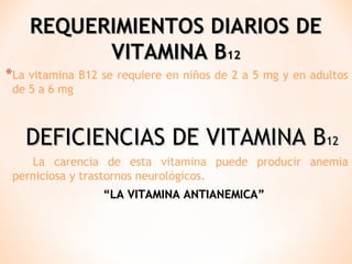 REQUERIMIENTOS DIARIOS DE
VITAMINA B12
*La vitamina B12 se requiere en niños de 2 a 5 mg y en adultos
de 5 a 6 mg

DEFICIENCIAS DE VITAMINA B12
La carencia de esta vitamina puede producir anemia
perniciosa y trastornos neurológicos.
“LA VITAMINA ANTIANEMICA”

 
