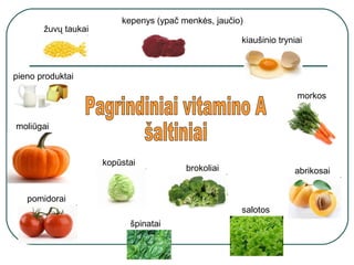 žuvų taukai
kepenys (ypač menkės, jaučio)
pieno produktai
kiaušinio tryniai
morkos
moliūgai
pomidorai
kopūstai
špinatai
brokoliai
salotos
abrikosai
 