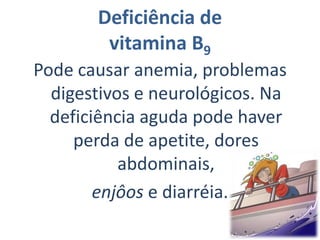 Deficiência de vitamina B5Pode causar doenças de sangue e de pele, úlceras duodenais, doenças neurológicas, lassidão, cefaléia, sonolência, náuseas, câimbras na região abdominal, baixa resistência às infecções, hipoglicemia, destruição de glândulas     supra-renais.