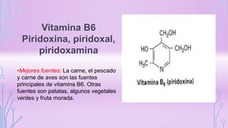Vitamina B6
Piridoxina, piridoxal,
piridoxamina
•Mejores fuentes: La carne, el pescado
y carne de aves son las fuentes
principales de vitamina B6. Otras
fuentes son patatas, algunos vegetales
verdes y fruta morada.
 