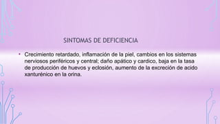 SINTOMAS DE DEFICIENCIA
• Crecimiento retardado, inflamación de la piel, cambios en los sistemas
nerviosos periféricos y central; daño apático y cardico, baja en la tasa
de producción de huevos y eclosión, aumento de la excreción de acido
xanturénico en la orina.
 