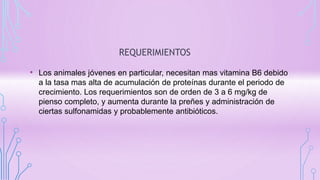 REQUERIMIENTOS
• Los animales jóvenes en particular, necesitan mas vitamina B6 debido
a la tasa mas alta de acumulación de proteínas durante el periodo de
crecimiento. Los requerimientos son de orden de 3 a 6 mg/kg de
pienso completo, y aumenta durante la preñes y administración de
ciertas sulfonamidas y probablemente antibióticos.
 