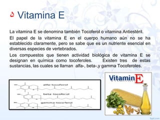 ۵ Vitamina E
La vitamina E se denomina también Tocoferol o vitamina Antiestéril.
El papel de la vitamina E en el cuerpo humano aún no se ha
establecido claramente, pero se sabe que es un nutriente esencial en
diversas especies de vertebrados.
Los compuestos que tienen actividad biológica de vitamina E se
designan en química como tocoferoles.
Existen tres de estas
sustancias, las cuales se llaman alfa-, beta-,y gamma Tocoferoles.

 