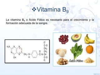 Vitamina B9
La vitamina B9 o Ácido Fólico es necesario para el crecimiento y la
formación adecuada de la sangre.

 