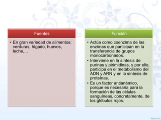Fuentes

Función

• En gran variedad de alimentos:
verduras, hígado, huevos,
leche,...

• Actúa como coenzima de las
enzimas que participan en la
transferencia de grupos
monocarbonados.
• Interviene en la síntesis de
purinas y pirimidinas, y por ello,
participa en el metabolismo del
ADN y ARN y en la síntesis de
proteínas.
• Es un factor antianémico,
porque es necesaria para la
formación de las células
sanguíneas, concretamente, de
los glóbulos rojos.

 