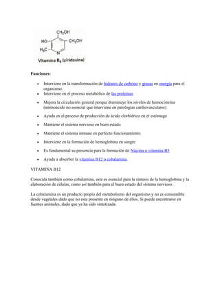 Funciones:

   •   Interviene en la transformación de hidratos de carbono y grasas en energía para el
       organismo.
   •   Interviene en el proceso metabólico de las proteínas

   •   Mejora la circulación general porque disminuye los niveles de homocisteina
       (aminoácido no esencial que interviene en patologías cardiovasculares)
   •   Ayuda en el proceso de producción de ácido clorhídrico en el estómago

   •   Mantiene el sistema nervioso en buen estado

   •   Mantiene el sistema inmune en perfecto funcionamiento

   •   Interviene en la formación de hemoglobina en sangre

   •   Es fundamental su presencia para la formación de Niacina o vitamina B3

   •   Ayuda a absorber la vitamina B12 o cobalamina.

VITAMINA B12

Conocida también como cobalamina, esta es esencial para la síntesis de la hemoglobina y la
elaboración de células, como así también para el buen estado del sistema nervioso.

La cobalamina es un producto propio del metabolismo del organismo y no es consumible
desde vegetales dado que no esta presente en ninguno de ellos. Si puede encontrarse en
fuentes animales, dado que ya ha sido sintetizada.
 
