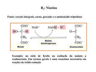 B3: Niacina
Malato
Malato
desidrogenase
Oxaloacetato
Exemplo: no ciclo de Krebs na oxidação do malato a
oxaloacetato. Em termos gerais é uma coenzima necessária em
reações de óxido-redução
Fonte: cereais integrais, carne, pescado e o aminoácido triptofano
 