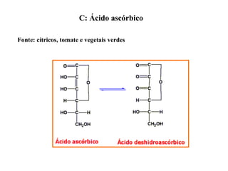 C: Ácido ascórbico
Fonte: cítricos, tomate e vegetais verdes
 