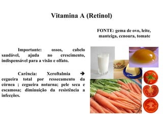Vitamina A (Retinol)
Importante: ossos, cabelo
saudável, ajuda no crescimento,
indispensável para a visão e olfato.
Carência: Xeroftalmia 
cegueira total por ressecamento da
córnea ; cegueira noturna; pele seca e
escamosa; diminuição da resistência a
infecções.
FONTE: gema de ovo, leite,
manteiga, cenoura, tomate
 