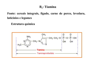 B1: Tiamina
Estrutura química
Fonte: cereais integrais, fígado, carne de porco, levedura,
laticínios e legumes
 