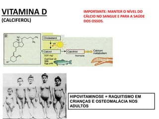 VITAMINA D
(CALCIFEROL)
IMPORTANTE: MANTER O NÍVEL DO
CÁLCIO NO SANGUE E PARA A SAÚDE
DOS OSSOS.
HIPOVITAMINOSE = RAQUITISMO EM
CRIANÇAS E OSTEOMALÁCIA NOS
ADULTOS
 