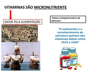 VITAMINAS SÃO MICRONUTRIENTE
SAÚDE PELA ALIMENTAÇÃO
"Fatores Complementares do
Alimento",
“O isolamento e o
reconhecimento da
estrutura química das
vitaminas datam entre
1925 a 1950”
 
