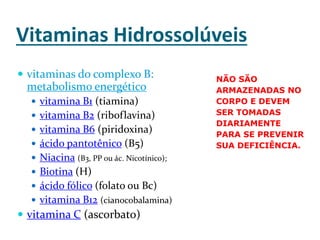 Vitaminas Hidrossolúveis
 vitaminas do complexo B:
metabolismo energético
 vitamina B1 (tiamina)
 vitamina B2 (riboflavina)
 vitamina B6 (piridoxina)
 ácido pantotênico (B5)
 Niacina (B3, PP ou ác. Nicotínico);
 Biotina (H)
 ácido fólico (folato ou Bc)
 vitamina B12 (cianocobalamina)
 vitamina C (ascorbato)
NÃO SÃO
ARMAZENADAS NO
CORPO E DEVEM
SER TOMADAS
DIARIAMENTE
PARA SE PREVENIR
SUA DEFICIÊNCIA.
 