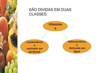 SÃO DIVIDAS EM DUAS
CLASSES:
Vitamina
s
Lipossolúvei
s
-solúveis em
gorduras
Hidrossolúvei
s
-Solúveis em
água
 