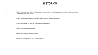 HISTÓRICO
1930 – Wills, Londres, “fator hematopoiético” encontrado na levedura capaz de curar anemia macrocítica
tropical da Índia (fator Wills)
• Fator hematopoiético encontrado em fígado curaram anemia perniciosa
• 1941 – Mitchell et al.: fator de crescimento do espinafre
• 1943– isolamento da vitamina
• Ácido fólico = ácido pteroilglutâmico
• Folato = nome genérico para todas as forma
 
