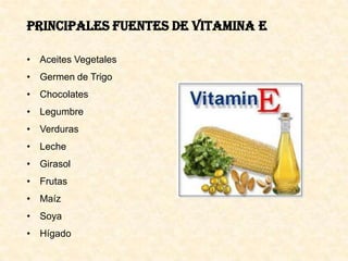 PRINCIPALES FUENTES DE VITAMINA E
• Aceites Vegetales
• Germen de Trigo
• Chocolates

• Legumbre
• Verduras
• Leche
• Girasol
• Frutas
• Maíz
• Soya

• Hígado

 