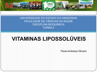UNIVERSIDADE DO ESTADO DO AMAZONAS
     FACULDADE DE CIÊNCIAS DA SAÚDE
          DISCIPLINA BIOQUÍMICA
                 TURMA 2



VITAMINAS LIPOSSOLÚVEIS

                          Paula Andressa Oliveira
 