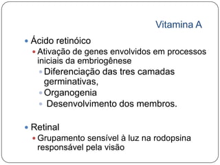 Vitamina A
 Ácido retinóico
  Ativação de genes envolvidos em processos
   iniciais da embriogênese
    Diferenciação das tres camadas
     germinativas,
    Organogenia
    Desenvolvimento dos membros.


 Retinal
  Grupamento sensível à luz na rodopsina
   responsável pela visão
 