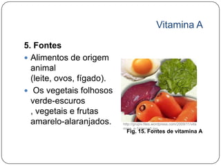 Vitamina A

5. Fontes
 Alimentos de origem
  animal
  (leite, ovos, fígado).
 Os vegetais folhosos
  verde-escuros
  , vegetais e frutas
  amarelo-alaranjados.     http://grupiv.files.wordpress.com/2009/11/vita
                           mina_a-1interna1.jpg
                             Fig. 15. Fontes de vitamina A
 